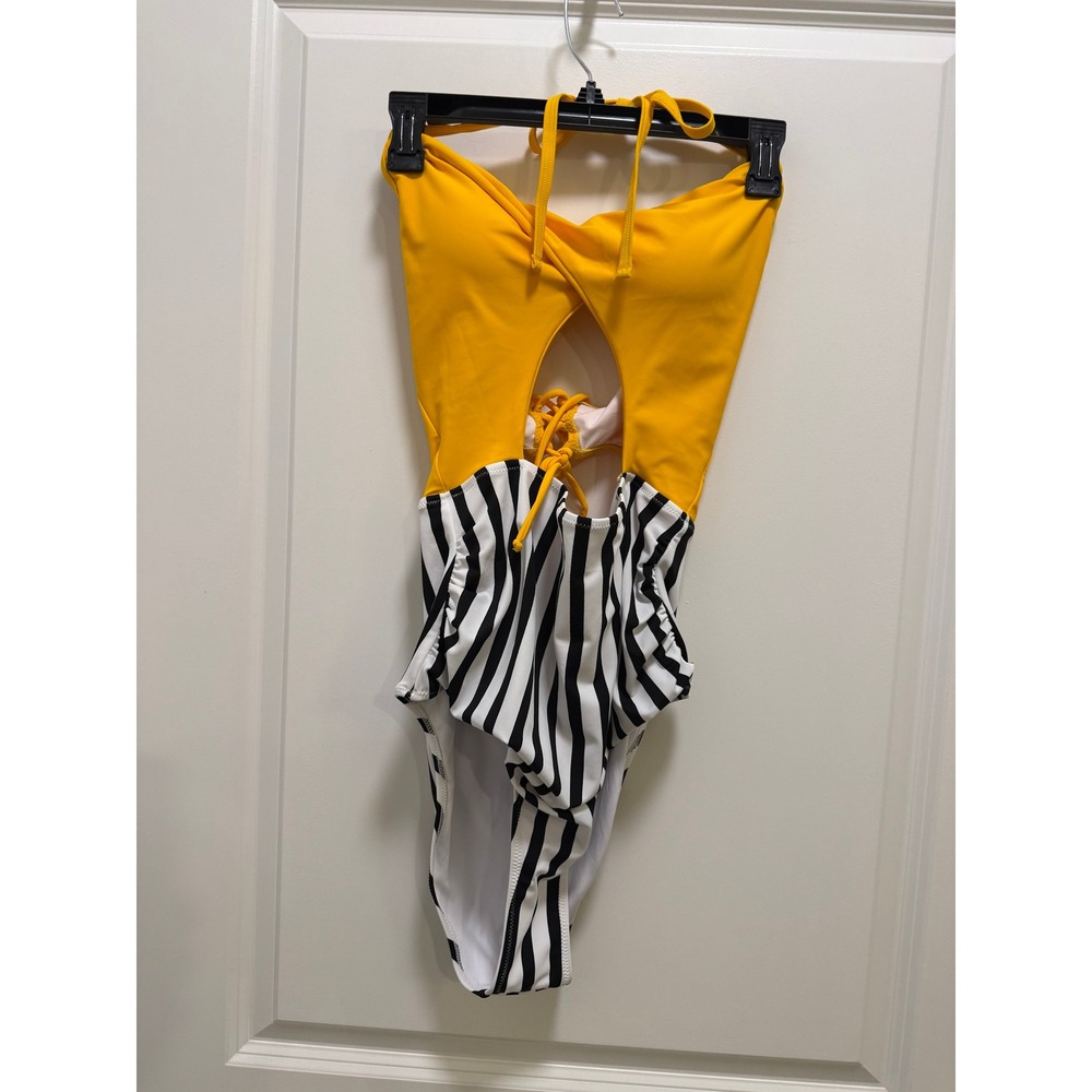 Cupshe Yellow Striped Cutout Halter One Piece Swimsuit XL NEW
